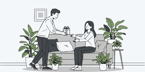 Gift of Moment: A tender moment unfolds as a man presents a gift to a seated woman, amidst a backdrop of serene home decor. It's a sweet gesture and a sign of love.