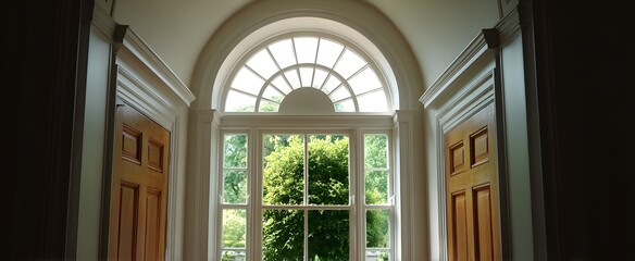 Fototapeta premium The fanlight window above the door allows natural light into the space.