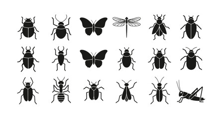 Fototapeta premium A collection of black silhouette icons featuring various insects such as beetles, butterflies, a dragonfly, an ant, and a grasshopper.