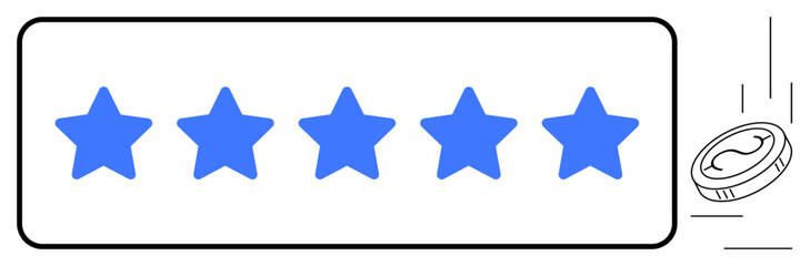 Obraz premium Five blue stars in a linear row, accompanied by a falling coin symbolizing recognition, reward, and success. Ideal for customer feedback, quality, achievement, loyalty, performance evaluation