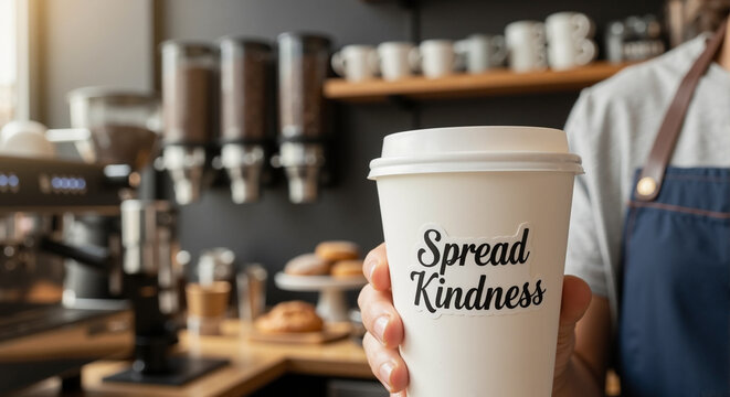 Person holding coffee cup with the message spread kindness, which is essential for harmony and community. Spread kindness through daily interactions as a small token of goodwill.