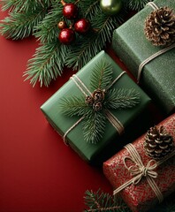 Elegant Christmas gifts wrapped in green and red with pine cones and fir branches on a red background. Cozy holiday flat lay evoking warmth, tradition, and festive cheer for seasonal design inspiratio