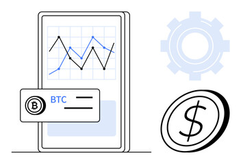 Smartphone with a chart, Bitcoin payment concept, dollar coin, and gear symbol. Ideal for fintech, cryptocurrency, blockchain, finance investment market trading digital payments. Simple flat