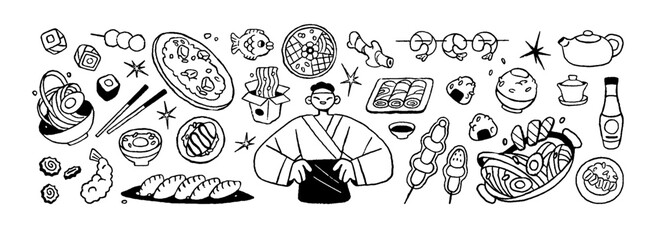 Asian food doodle set. Outline meals of Japanese, Chinese and Korean cuisines. Chef from Asia with eating: noodles, sushi, fish, rice balls, onigiri. Hand drawn isolated vector illustrations on white © Paper Trident