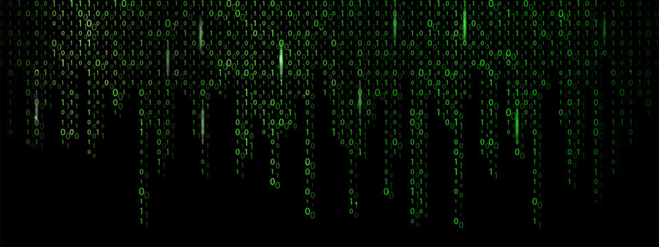 Green binary rain background in matrix style. Hightech cyber code with glowing numbers.