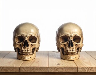 Naklejka premium Two golden human skulls placed on a parallel wooden surface, luxury and dark humor concept