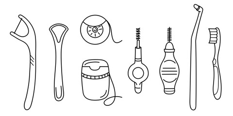 Clean black outline doodle illustration of various dental hygiene tools including toothbrush, floss, floss picks, tongue cleaner, interdental brushes and oral irrigator. Perfect for use in medical