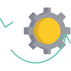Grey Cogwheel with Yellow Center and Teal Abstract Swirls on Transparent Background Representing Mechanical Process or Engineering Concept