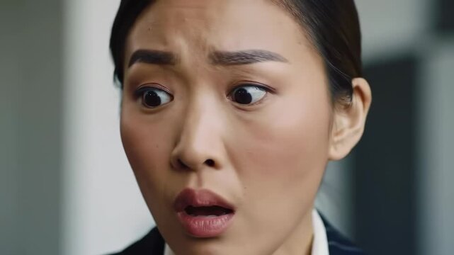 A close-up shot of a woman with wide, surprised eyes and an open mouth. She appears to be shocked or stunned, with dark eyebrows