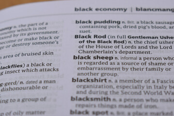 Obraz premium Close Up Of English Dictionary Page With Word - black sheep