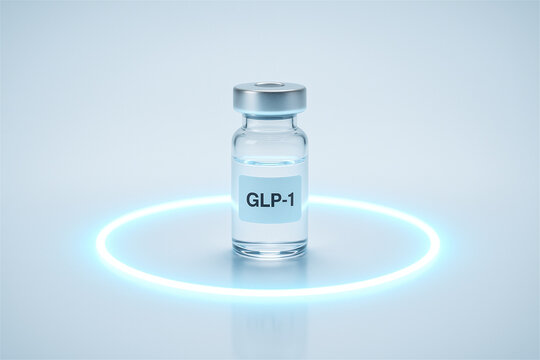 Glp-1 medication vial symbolizing pharmaceutical innovation in diabetes, obesity and metabolic therapy, glowing blue ring conveys progress in research, treatment and healthcare development