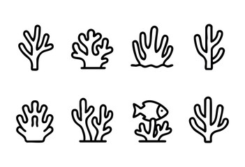 Fototapeta premium Set of eight line art illustrations depicting various types of seaweed and coral, including one with a small fish. Perfect for marine biology, oceanography, or underwater-themed designs.