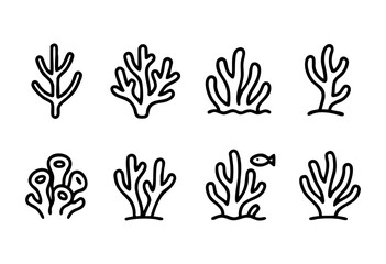 A set of eight line art illustrations of various types of coral and seaweed. The illustrations are simple, bold, and perfect for use in marine-themed designs.
