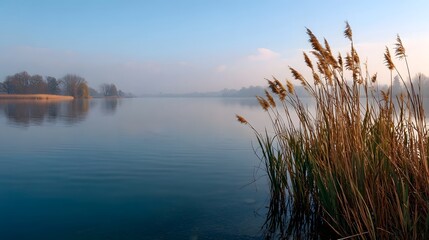 Serene lake with dry reeds and mist at dawn reflecting the soft sky and distant trees