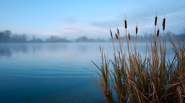 Misty dawn over a calm lake with reeds and cattails in the foreground