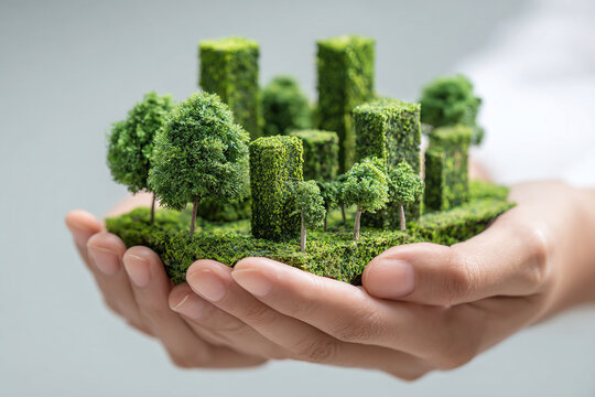 Manos sosteniendo una maqueta verde con &aacute;rboles y edificios cubiertos de vegetaci&oacute;n, simbolizando una ciudad ecol&oacute;gica y sostenible.