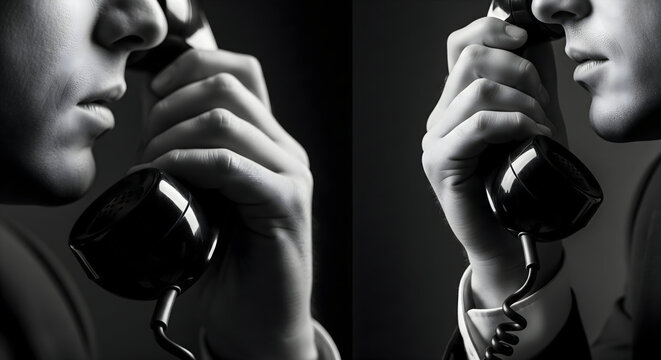 Intense monochrome portrait of a man on a vintage phone, reflecting communication, focus, and a classic retro style for powerful visual storytelling