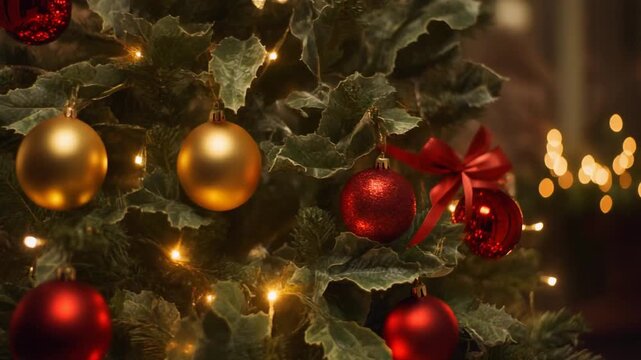 &Aacute;rbol de Navidad grande y frondoso. Est&aacute; profusamente decorado con una combinaci&oacute;n de elementos cl&aacute;sicos: Esferas (bolas) grandes y brillantes en colores rojo (reflectantes) y dorado (acabado mate).