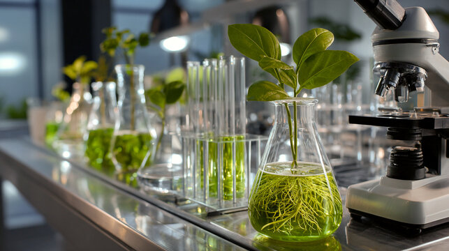 Plantas creciendo en matraces de vidrio con l&iacute;quido verde sobre mesa de laboratorio, rodeadas de tubos de ensayo y microscopio en un entorno moderno de investigaci&oacute;n biol&oacute;gica.
