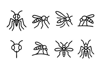 Collection of eight line art mosquito illustrations in various poses and angles. Simple, bold black outlines on a white background. Ideal for use in infographics, presentations, or educational materia