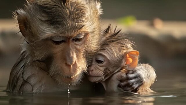 Tender monkey bonding: baby and mother share intimate moment in water