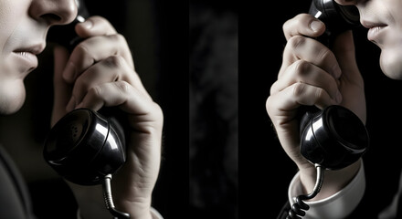 Intense call in the shadows with vintage phone, businessman making urgent decision, corporate communication, negotiations, strategy, and confidential deal