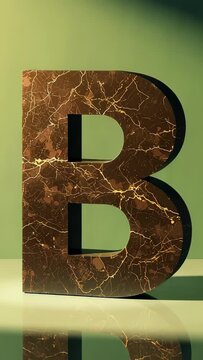 Vertical video: Spotlight sweeping marble letter B revealing gold veins reflecting on studio floor