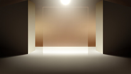 Modern elegant stage design for product presentation or exclusive showroom entrance with geometric architecture and blank central lighted panel