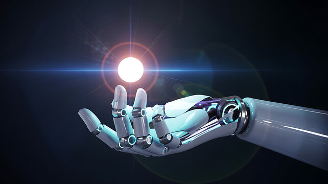 Robotic hand holds glowing sphere future technology