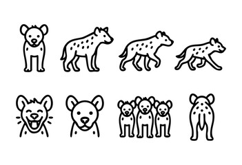 Obraz premium Set of spotted hyena line art illustrations in various poses, including front, side, back, and group views. Simple, bold black lines on a white background. Perfect for children's books, educational ma