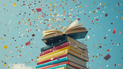 Colorful Books and Confetti in the Air. A vibrant stack of books with confetti floating above.