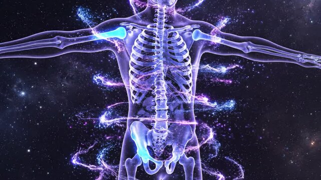 Futuristic Human Skeleton With Glowing Bones In Space Background Animation Scene Showing Medical Health Concept In Futuristic Style Illustrating Anatomy And Healing