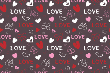 Cheerful vector seamless pattern of doodle hearts, ribbons, and the word LOVE in contrasting white, pink, and red hues against a deep mauve background, ideal for romantic designs.