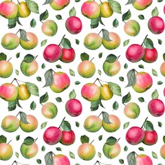 Hand drawn seamless pattern with ripe apples and leaves. Watercolor illustration.