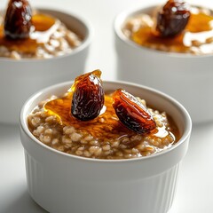 Three white ceramic bowls filled with creamy oatmeal topped with glossy caramelized dates and drizzled with honey, shot in close-up with a white background