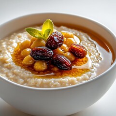 Creamy rice pudding topped with mixed nuts dried fruits and fresh mint leaves in a white bowl, close-up, delicious dessert or healthy snack option