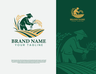 rice farmer logo harvesting illustration design