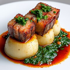 Gourmet roasted pork belly with crispy skin served on a bed of creamy mashed potatoes topped with fresh herbs and drizzled with rich flavorful sauce, fine dining presentation