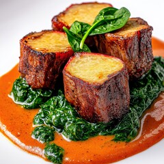 Gourmet stuffed beef tenderloin medallions with melted cheese crust served over saut?ed greens and a rich tomato sauce, elegant fine dining cuisine presentation