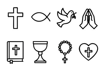 A set of eight simple line icons representing common Christian symbols: cross, ichthys, dove, praying hands, bible, chalice, rosary, and heart with a cross. The icons are black outlines on a white bac