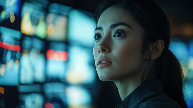 Young woman looking at a screen filled with data and information in a modern control room with a focused and determined expression on her face