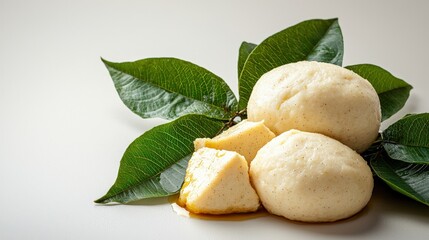 Fresh traditional Indian cheese or paneer with green leaves on a white background, close-up view showcasing soft texture and natural ingredients