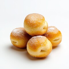 Delicious golden baked doughnuts with sugar coating stacked on a white background ideal for dessert and bakery concept presentations