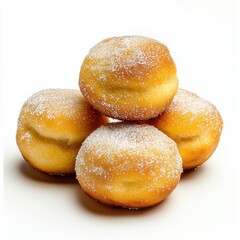 Fresh classic sugar coated doughnuts with golden brown exterior and soft interior stacked on white background, delicious snack or dessert option