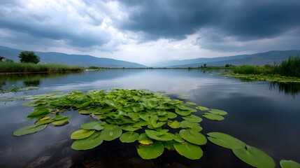 Serene lake with lush lily pads reflects a dramatic cloudy sky over distant mountains