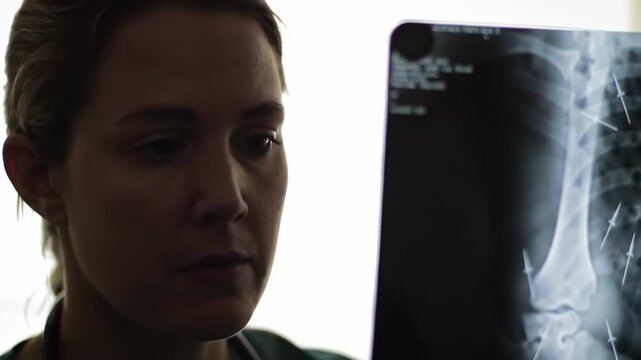 A focused individual in medical garb examines an X-ray displaying apparent surgical hardware. The subject is backlit, emphasizing their attentive gaze