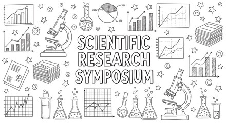 Scientific research symposium banner with hand drawn doodle icons. Collection of laboratory equipment like microscopes and flasks with data analysis charts and graphs