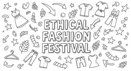 Hand drawn ethical fashion festival concept with clothing and leaf doodles. Black and white outline banner for a sustainable market or conscious consumerism event promotion