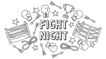 Fight night concept with boxing equipment icons. Hand drawn doodle set of boxing ring, gloves, trophy and stars for a competition or championship event announcement