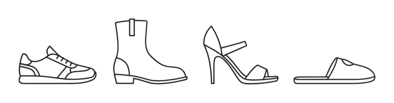 Footwear icon collection with various shoe types for men and women. Minimal line art set includes a sneaker, boot, high heel sandal, and slipper for fashion concepts
